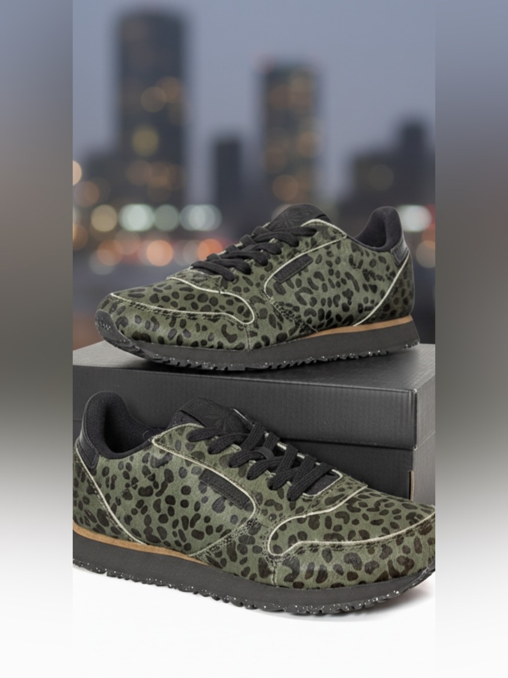 Woden Ydun Pony Sneaker Green Leopard-Print Calf Hair Upper Cork Insole Sz 6.5